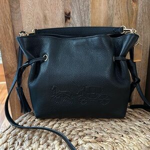 Coach black Leather crossbody embossed horse and buggy in front of bag NWOT